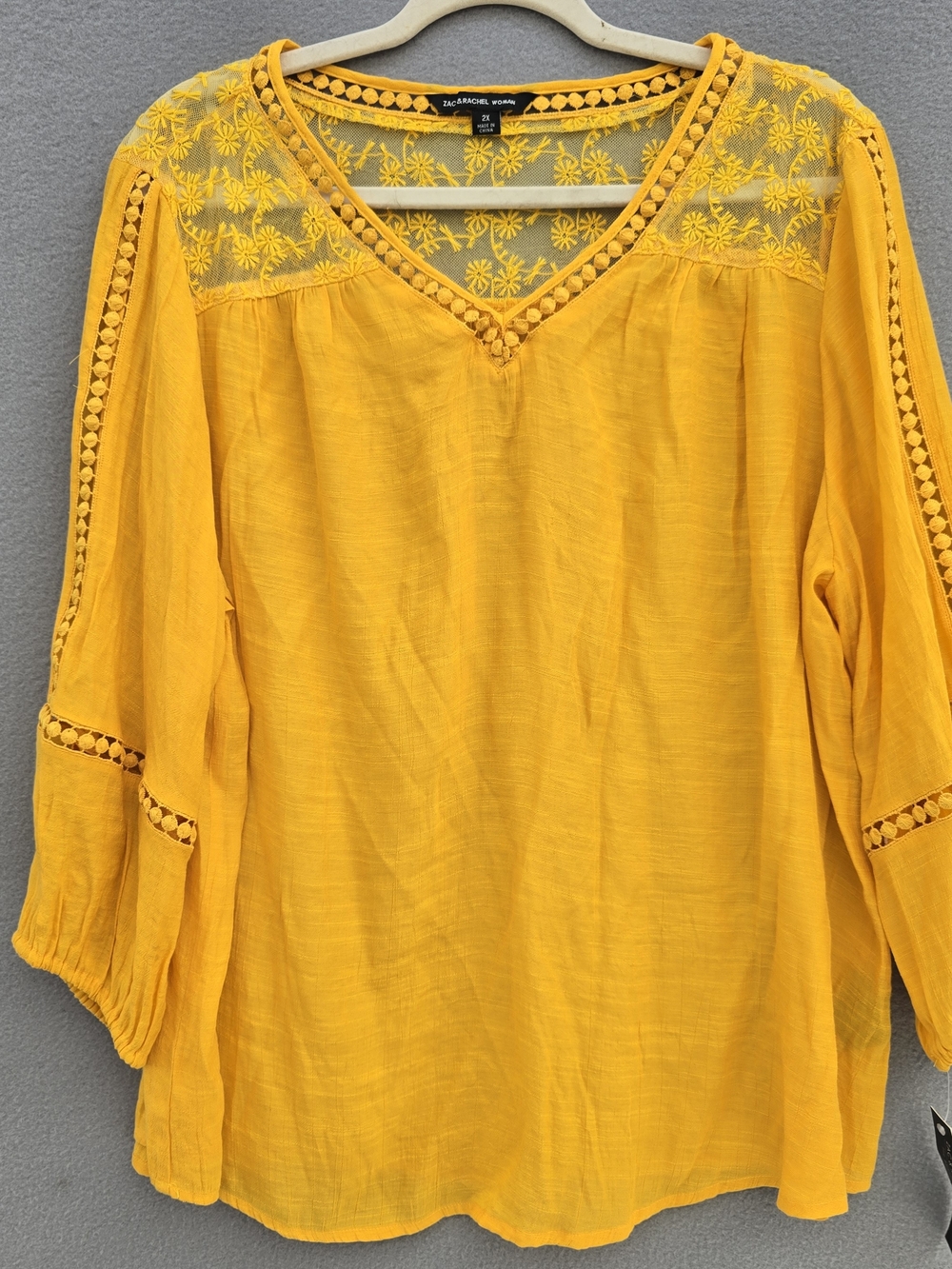NWT Zac & Rachel Bright Yellow V-Neck Lace Accent Peasant Blouse 2X
